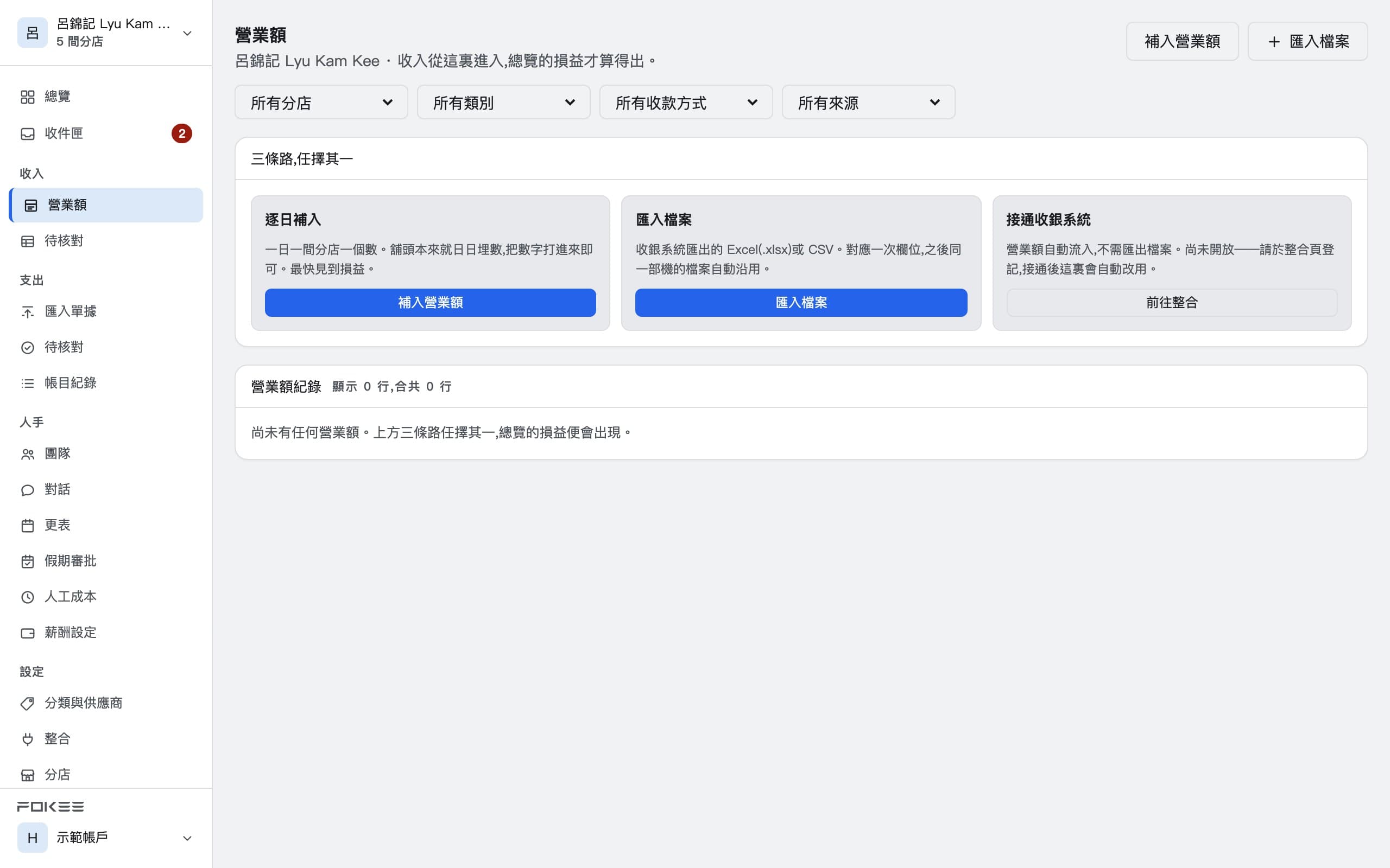 營業額紀錄：逐日、逐間分店，堂食與外賣平台分列